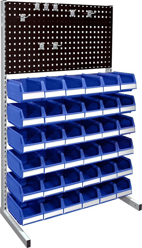 Floor rack 1500 mm complete with tool panel and 36 pcs 9074 blue storage bins